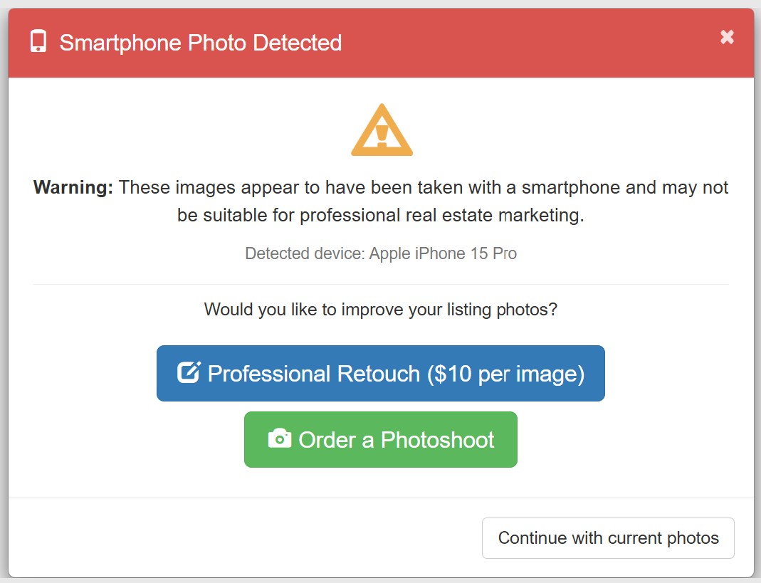 TheOnsiteManager smartphone photo detection dialogue